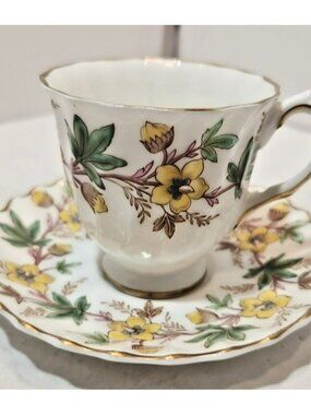 Vtg Royal Doulton Yellow & Green Chatsworth Bone China Expresso Cup & Saucer
